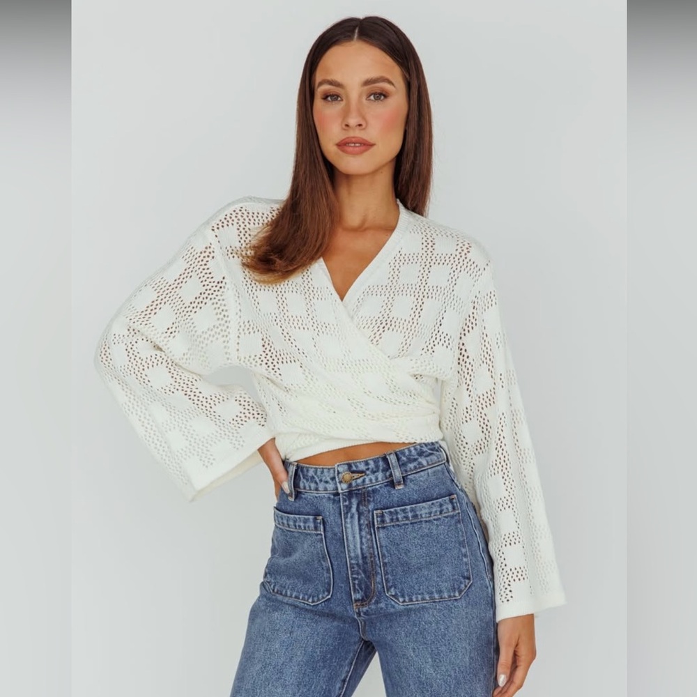 Rivera Deep-V Waist-Tie Top Crochet White